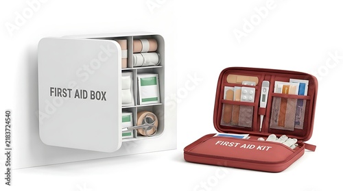 Two First Aid Kits, One Wall Mounted and One Portable, Displayed on a White Background.