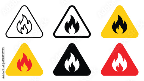 Bild auf Leinwand Set of fire hazard warning signs with flame icons in triangular frames combustio