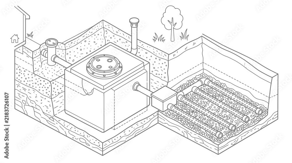 Fototapeta premium Isometric Septic Tank System Diagram Line Art; Underground Residential Waste Water Management and Drainage Field Illustration