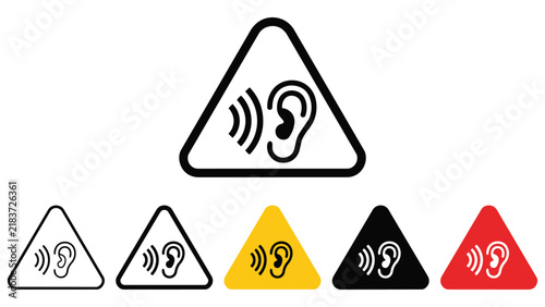 Set of audio or noise hazard warning signs featuring an ear icon triangle collection protection industrial acoustic pictogram silhouette