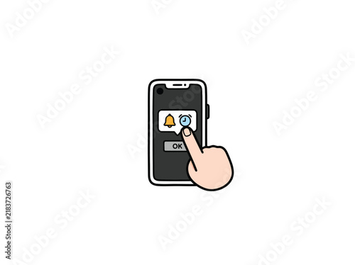 Hand Tapping Smartphone Screen With Notification Bell Clock Icon And Ok Button Isolated On White Background