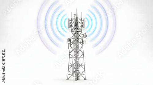 Telecommunications tower with radio waves isolated on white background