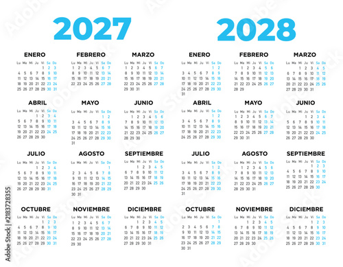 Calendario 2027 2028 en español. Semana comienza el lunes. Sábados y domingos en celeste. Ilustración