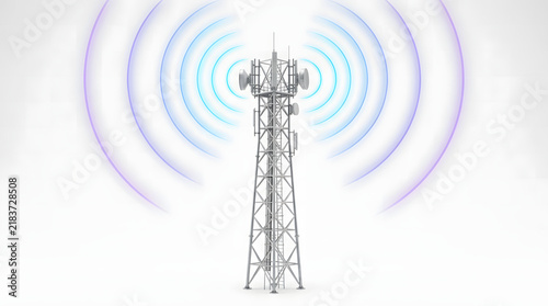 Telecommunications tower with radiating signal waves isolated on white background