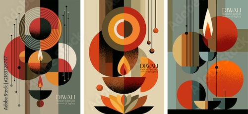 Abstract geometric Diwali celebration with diyas and lotus motifs
