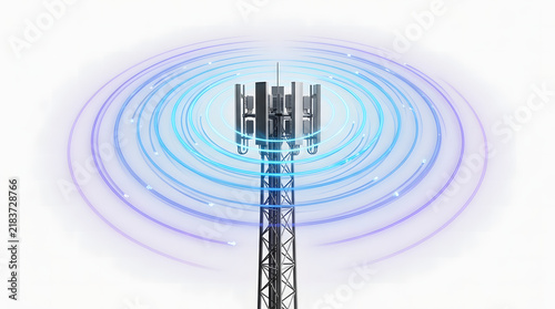 5G network tower emitting digital signal waves on isolated white background