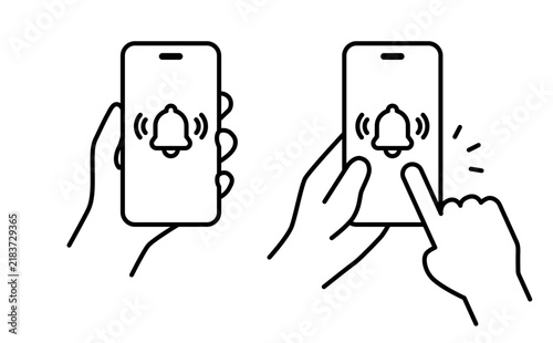 通知アイコンを表示したスマートフォンを持つ手のイラスト　モノクロ