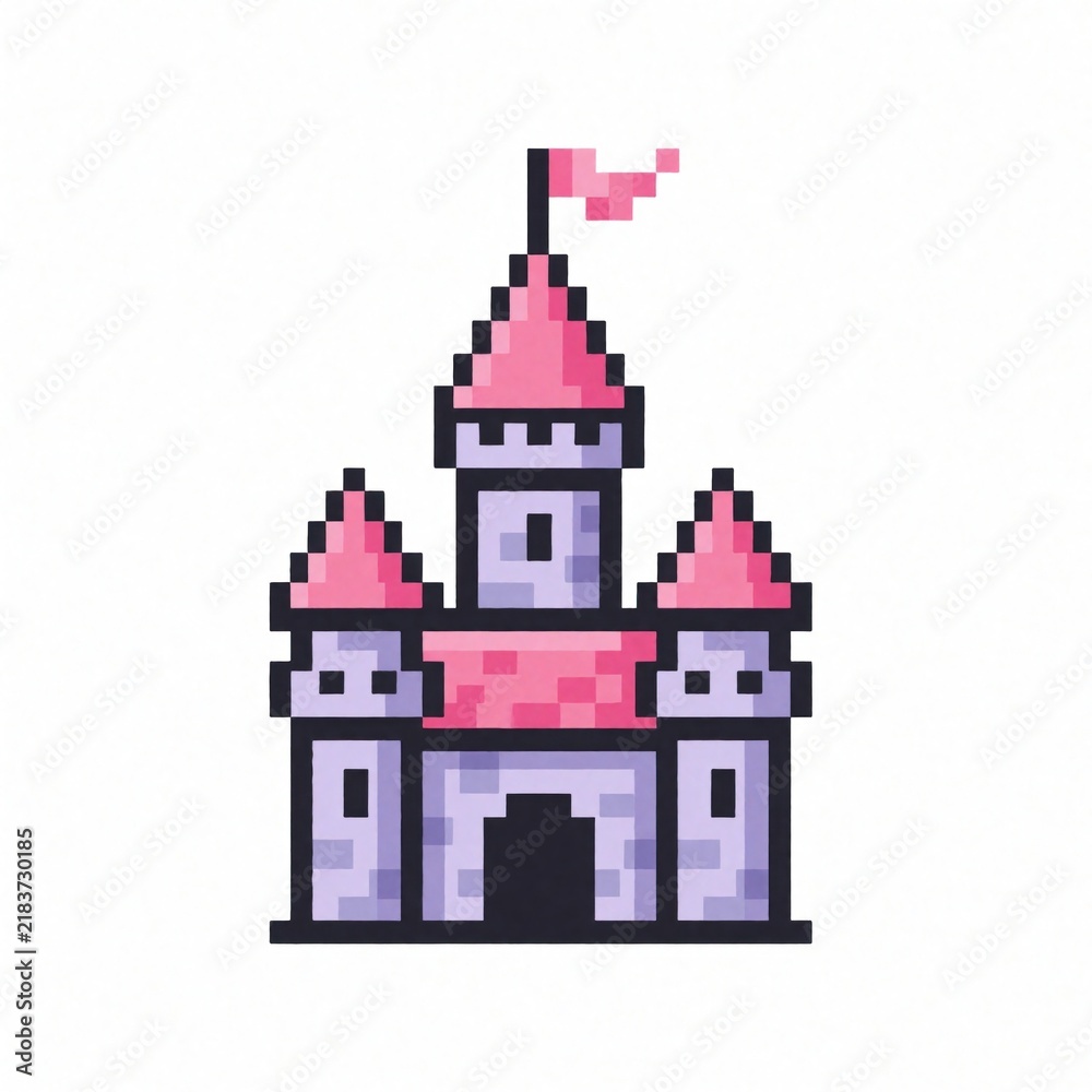 Obraz premium Pixel art castle icon with pink roofs and flag. Retro game building on white background. Medieval fantasy fortress simple graphic element for digital projects, game assets.