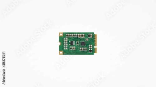 Electronic printed circuit board with soldered microchips and golden connectors isolated against a plain white background for hardware technology projects