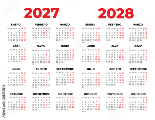Calendario 2027 2028 en español. Semana comienza el lunes. Sábados y domingos en rojo. Ilustración