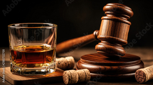 Wooden judge gavel sits next to glass with whiskey on dark table. Alcohol corks scattered near legal hammer. Concept of drunk driving laws, court judgment, liquor regulation, justice system