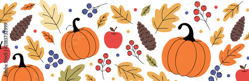 Watercolor autumn seasonal border with pumpkins and colorful fall leaves isolated on transparent background