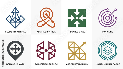 Geometric vector logos featuring arrows and target strategy symbols.