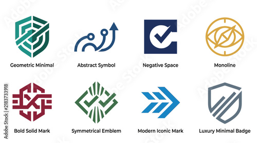 Minimalist brand identity marks with monoline and geometric styles.