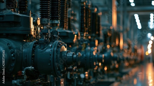 High-voltage industrial power equipment stands in a dark facility. This image illustrates modern electrical energy infrastructure.