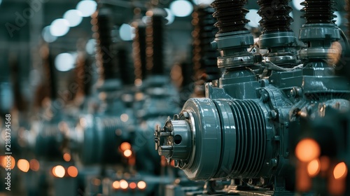 Industrial high-voltage electrical equipment lined up in a manufacturing plant. It illustrates modern power grid infrastructure and heavy equipment assembly.