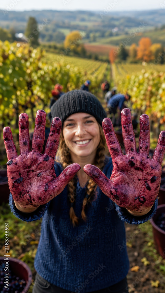 Obraz premium Woman displaying juice stained hands among vineyard rows after picking grapes, autumn harvest, traditional winemaking plus farm activity