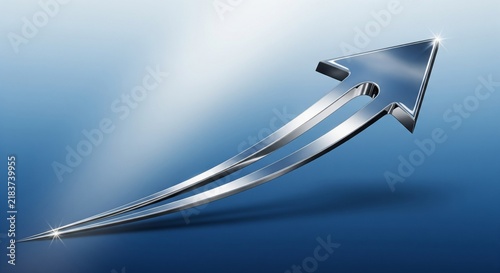 Metallic Arrow Symbol Advancing Upwards with Light Streaks on a Blue Gradient Background