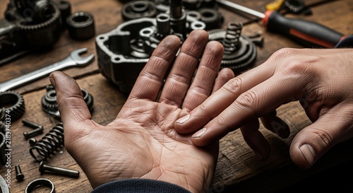Mechanic's hands inspecting a palm with engine parts and tools scattered on a wooden workbench