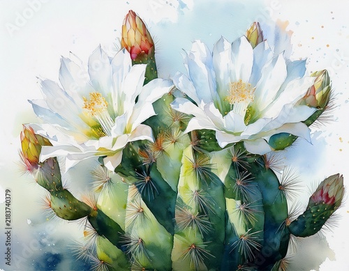 watercolor painting of a cactus plant blooming with white flowers