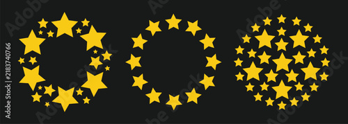 A collection of three decorative golden star frames and a circular cluster isolated on a dark background for festive design and holiday decoration