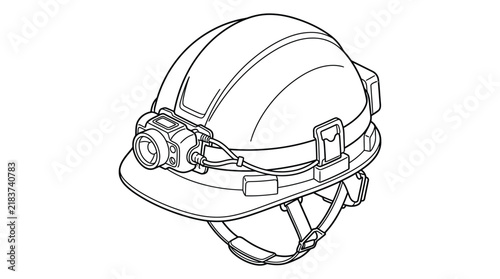 Safety Hard Hat with Headlamp Line Art Illustration