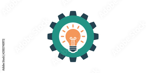 Light bulb inside gear icon in teal and orange shows creative logic.