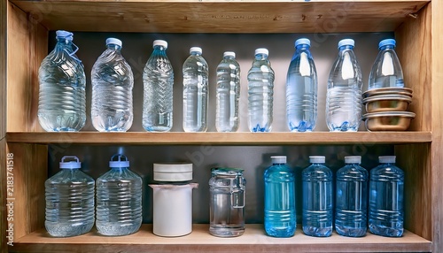 bottled drinking water and reusable containers are stored neatly on shelves in a pantry inside a home items are ready for use in case of emergency situations