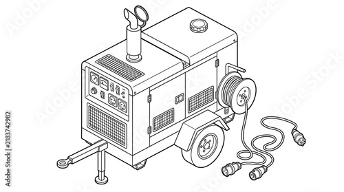 Isometric Line Art of Mobile Industrial Diesel Generator on Trailer