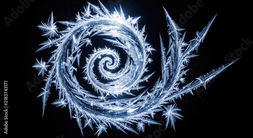 A mesmerizing spiral of intricate, crystalline ice shards forms a swirling pattern against a dark background.