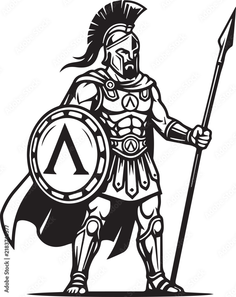 Fototapeta premium Ares Greek god of war standing in Spartan armor vector illustration isolated