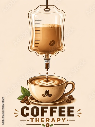 Funny coffee addiction concept artwork showing IV drip stand bag dripping into coffee cup