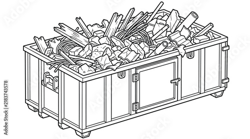 Construction Waste Dumpster Overflowing with Debris Line Art Illustration