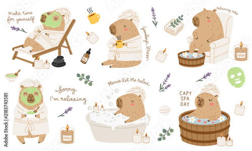 Cuadro en lienzo Cute flat vector collection of capybaras enjoying a relaxing spa day with towels, baths, candles, masks and warm drinks