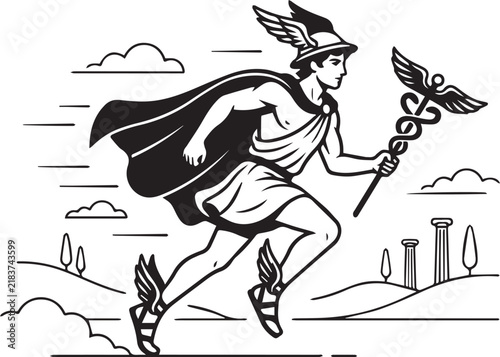 Hermes Greek god running fast with winged sandals and caduceus vector illustration