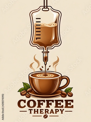 Creative coffee therapy poster design with IV drip bag feeding a latte cup