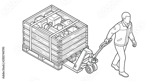 Isometric warehouse worker pulling pallet jack with industrial parts crate line art