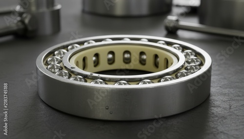 Clean macro photograph of a heavy duty industrial ball bearing assembly sectioned to expose its polished elements