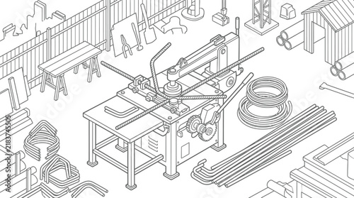 Isometric Rebar Bending Machine and Construction Workshop Site Line Art Illustration