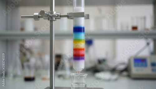 High-purity glass laboratory chromatography column showing separated colored chemical bands in an analytical testing lab