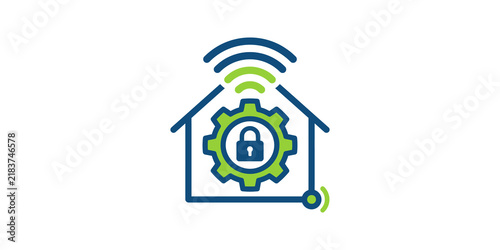 Smart home security icon green blue lines house automation concept.