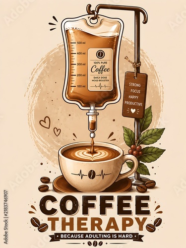 Creative coffee shop poster design with IV drip bag and typography quote
