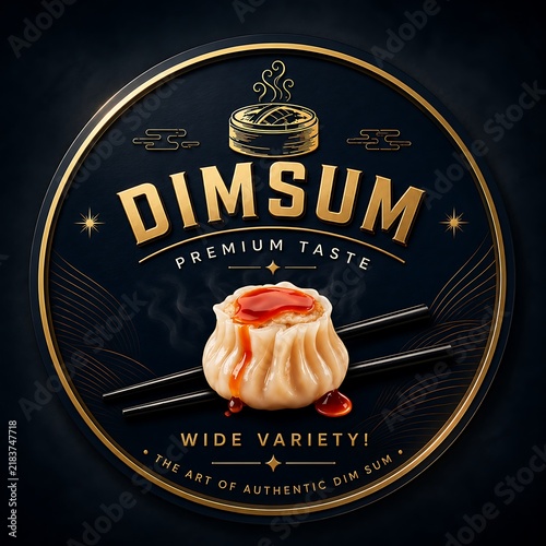 Premium dimsum logo design with steamed dumpling and bamboo steamer icon