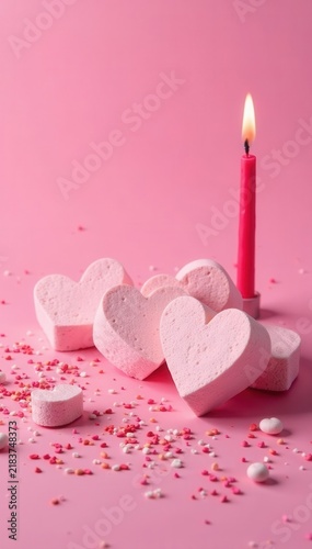 Heart marshmallows, candles, sprinkles Pink background Valentine's Day , romantic, cute, high angle