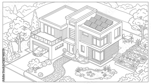 Isometric modern eco-house coloring page with solar panels and landscape garden