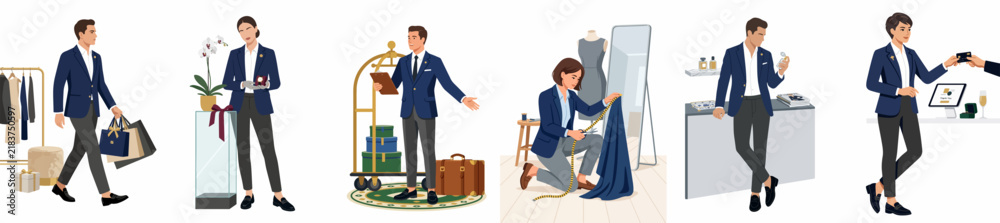 Obraz premium Vector illustration set of service industry professionals in blue uniforms, including retail assistants, hotel concierge, and a tailor.