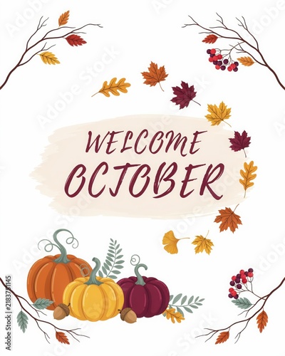 Autumn pumpkins and leaves welcome october fall