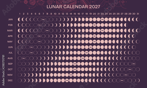 Lunar northern horizontal calendar 2027 with moon phases on purple background. Astrology vector illustration