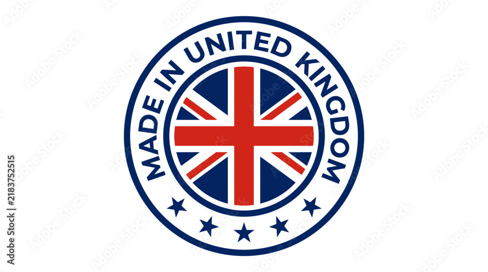 Fototapeta premium Circular 'Made in United Kingdom' stamp or badge featuring the Union Jack flag and five stars on a white background, symbolizing product origin and quality.