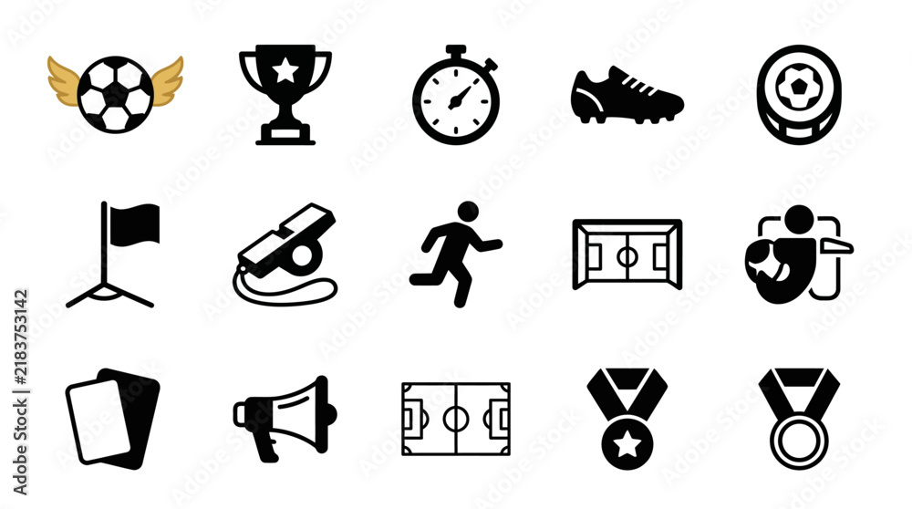 Obraz premium Elegant Black and White Sports and Competition Icon Set Featuring Medals Soccer Basketball Track and Stadium Elements